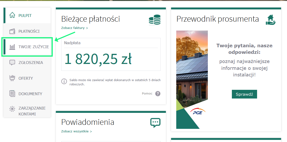 Screenshot: Wybór sekcji 'Twoje zuzycie' w PGE eBOK