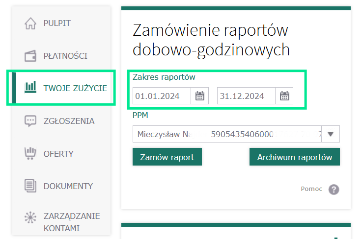 Screenshot: Wybór zakresu dat dla raportu dobowo-godzinowego w PGE eBOK