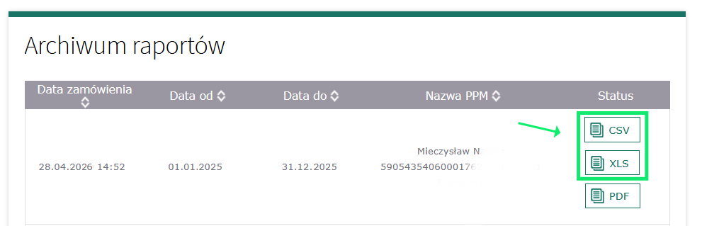 Przyciski pobierania CSV i XLS w archiwum raportów PGE
