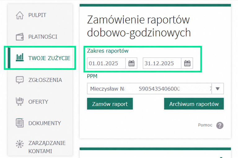 Wybór zakresu dat raportu w PGE eBOK